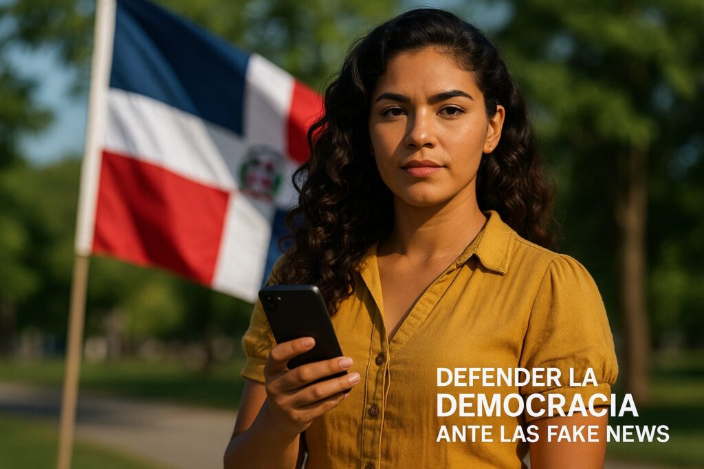 Mujer con bandera dominicana y móvil, defendiendo democracia.