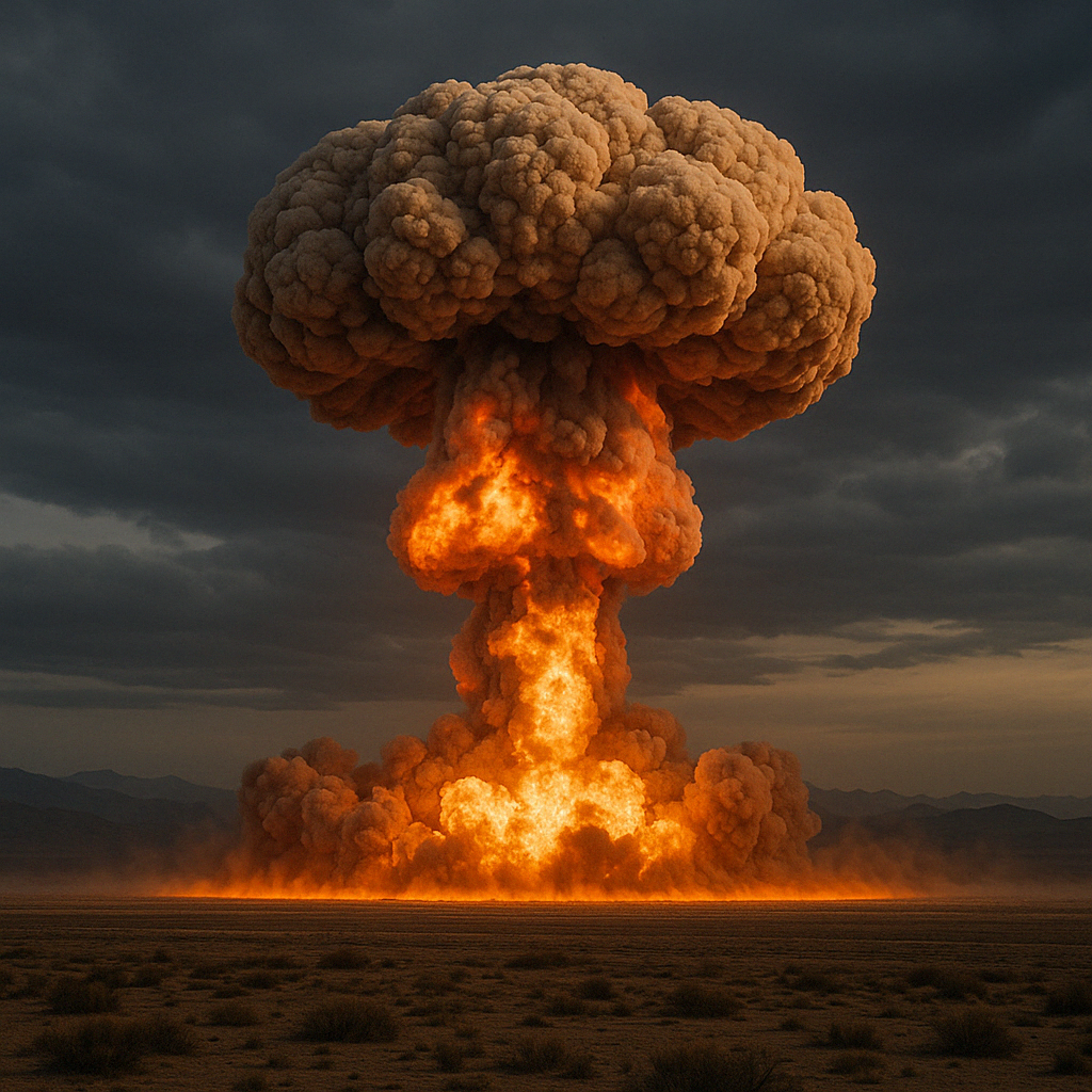 Explosión nuclear en el desierto bajo cielo nublado.