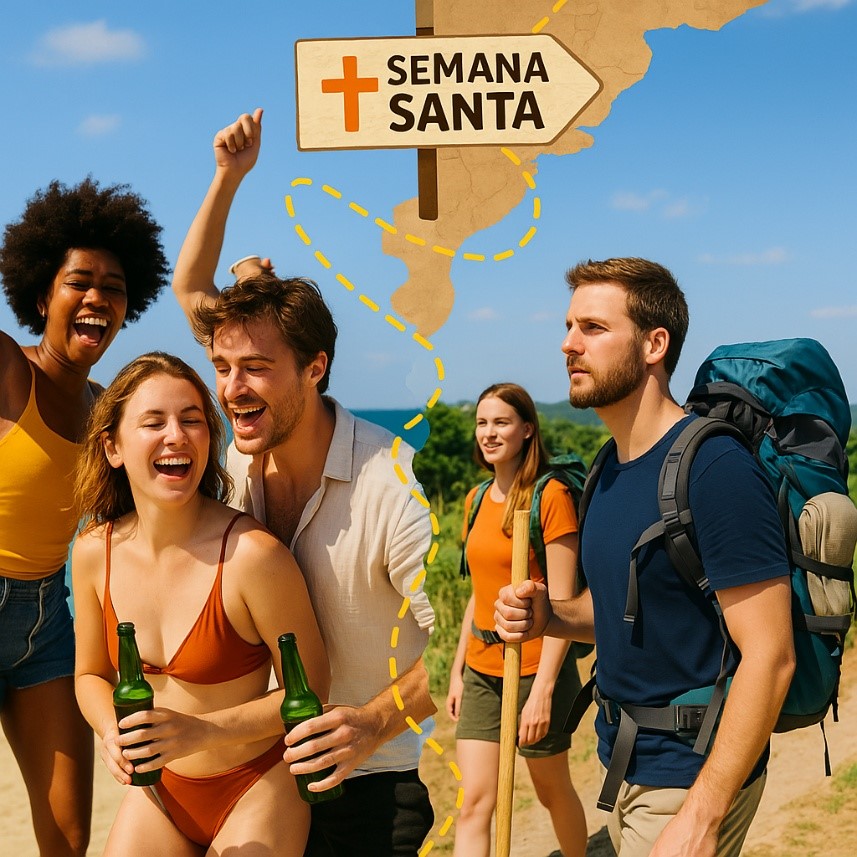 Amigos celebrando y mochileros caminando en Semana Santa