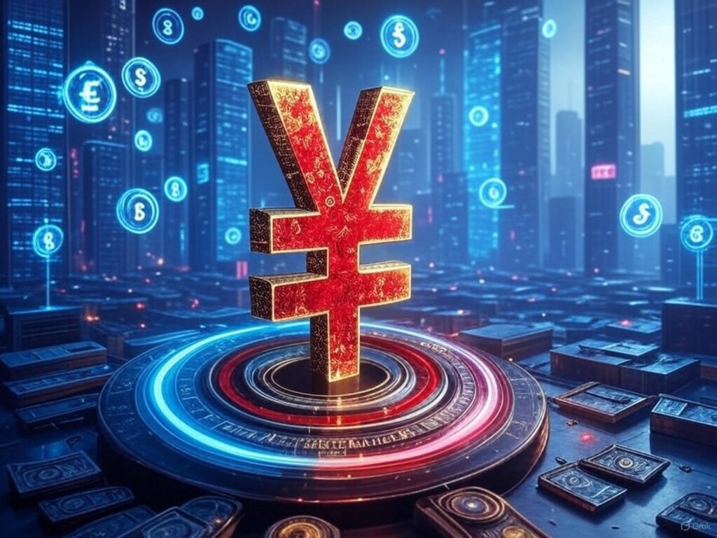 Símbolo de yen en un entorno tecnológico futurista.