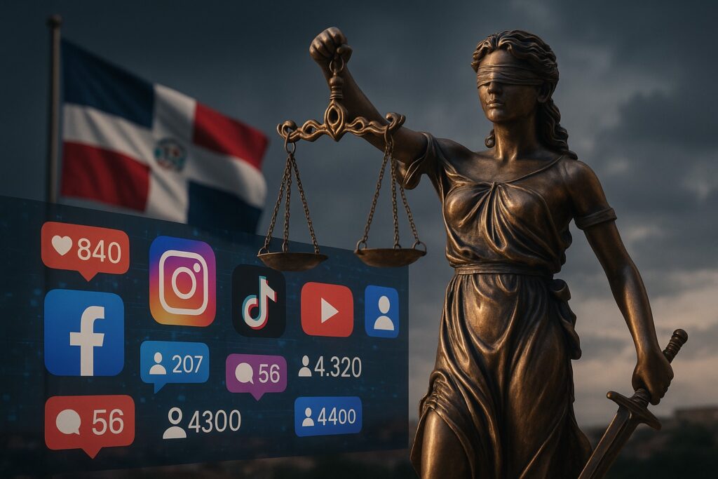 Estatua de Justicia y redes sociales, bandera dominicana.
