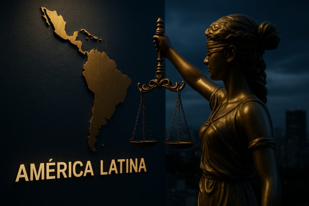 Mapa América Latina y estatua Justicia.
