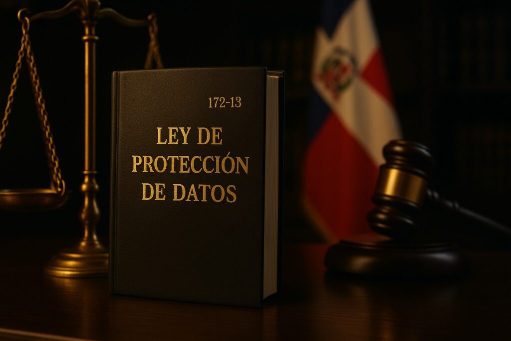 Libro Ley Protección de Datos y bandera nacional.
