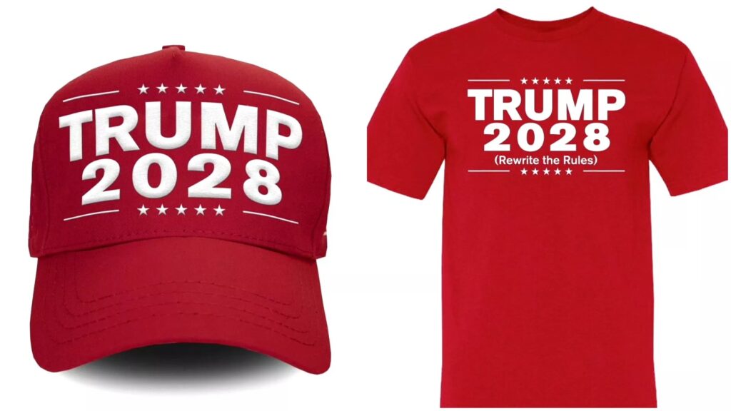 Gorra y camiseta rojas con texto político.