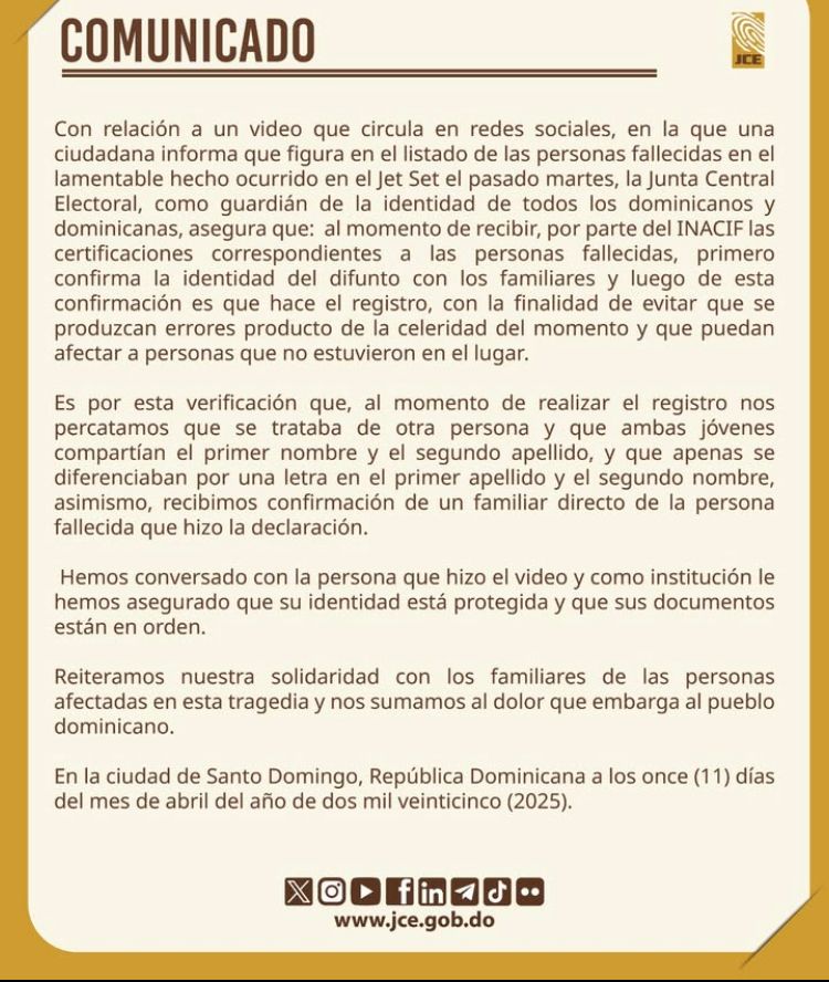 Comunicado oficial sobre listado de fallecidos en Santo Domingo.