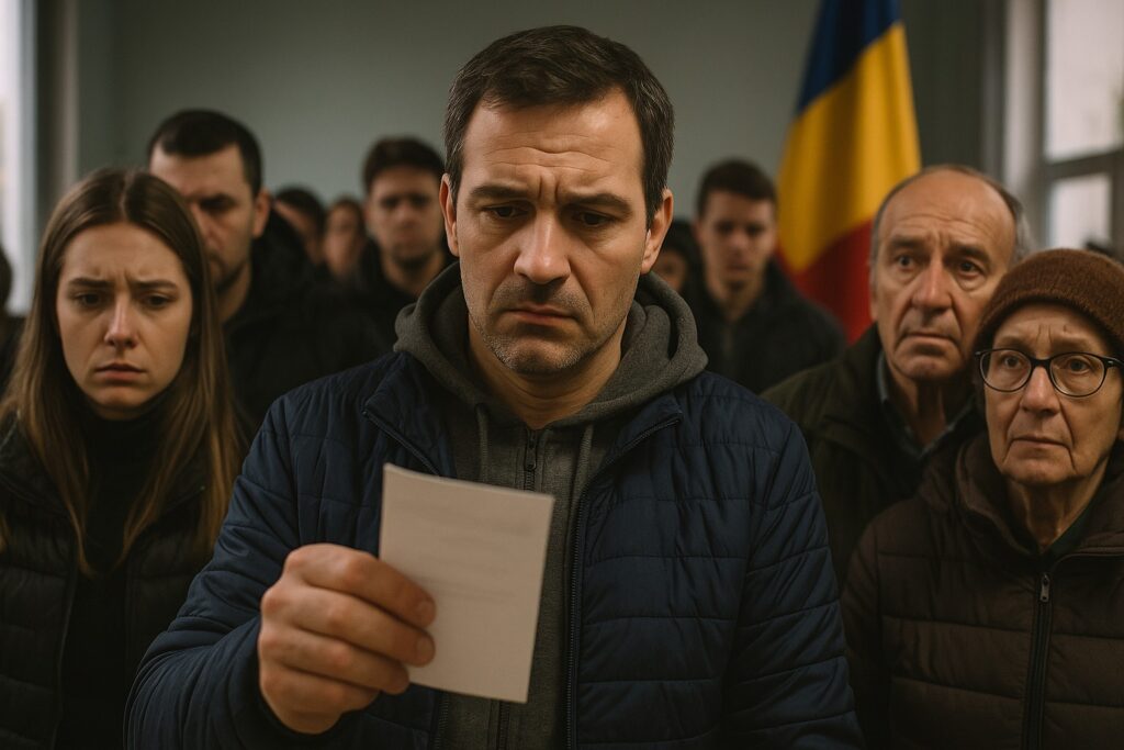 Grupo de personas mirando un papel preocupados.