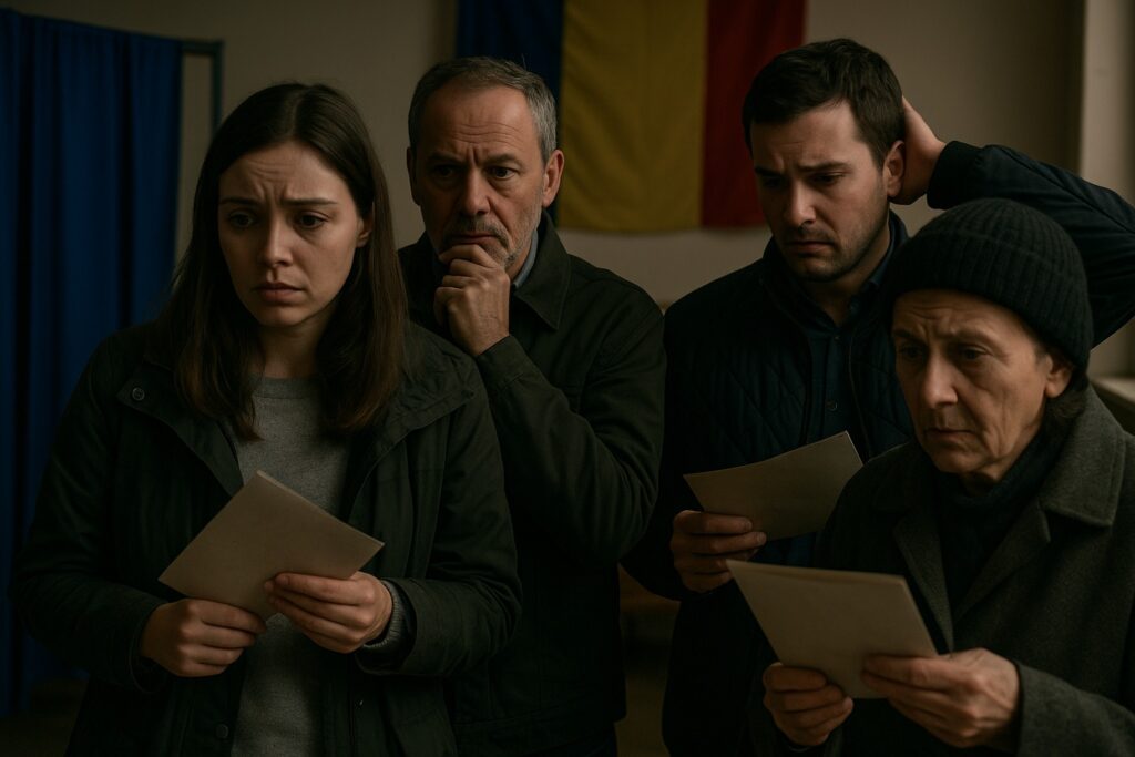 Grupo serio leyendo papeles, fondo bandera.