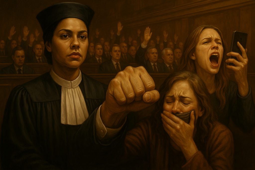 Escena judicial con emociones intensas