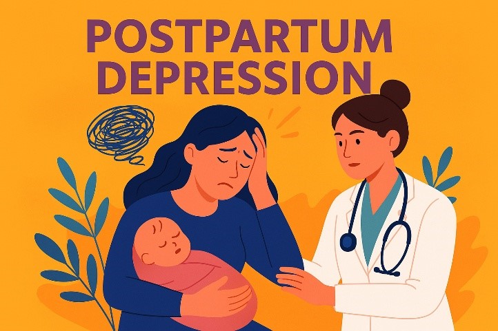 Ilustración sobre depresión postparto con madre y médico.