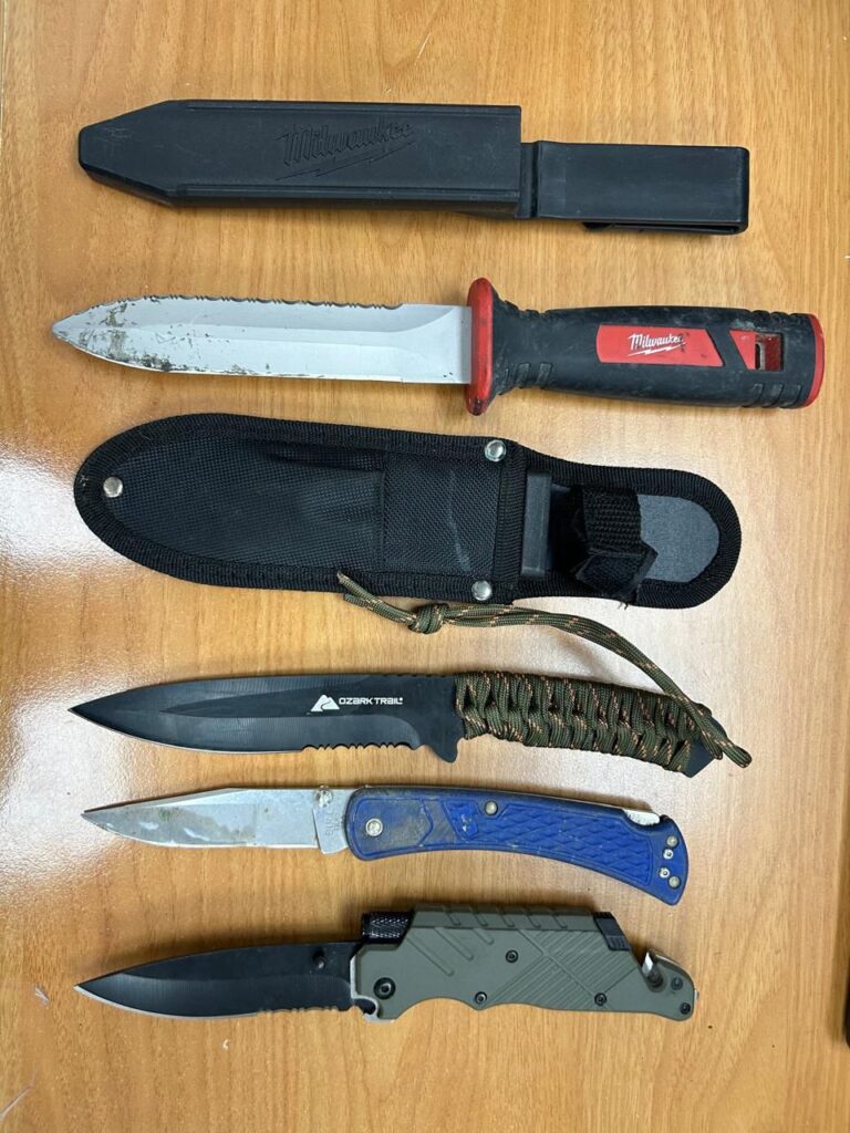 Cinco cuchillos diferentes sobre una mesa de madera.