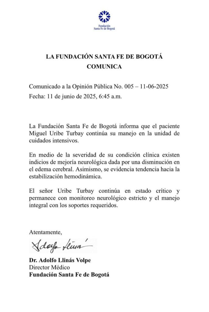 Comunicado de salud, paciente Miguel Uribe Turbay, 2025.