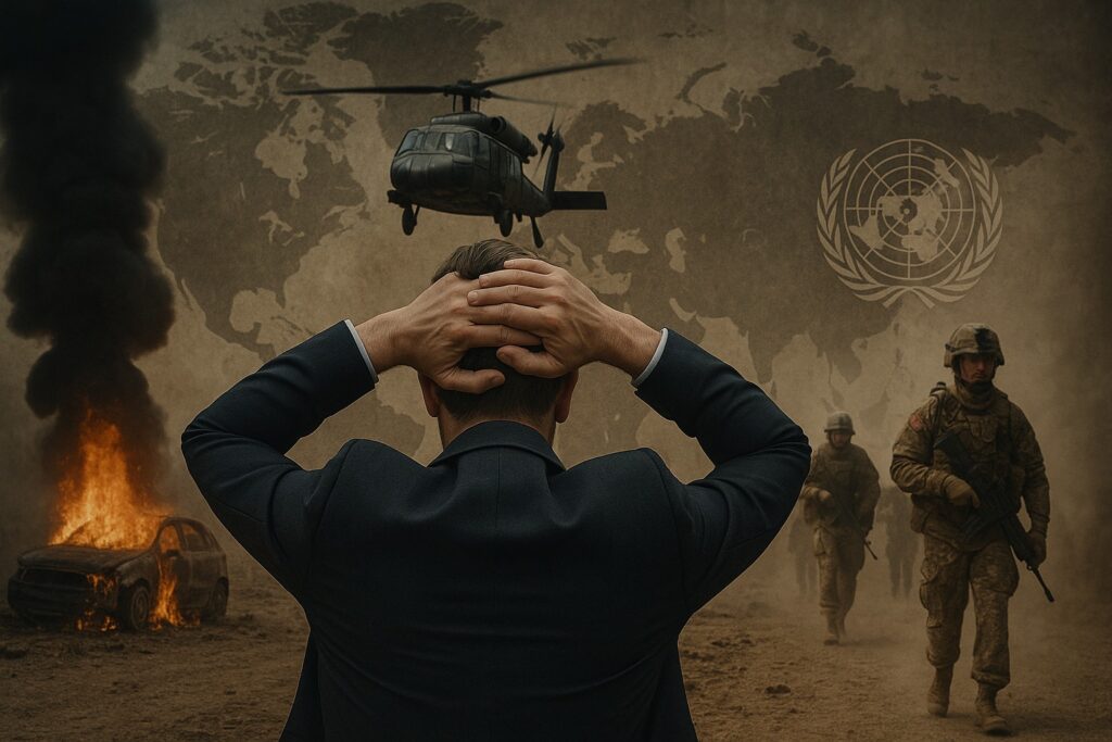 Hombre preocupado frente a caos con humo y soldados.