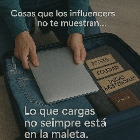 Hombre organizando maleta con tablet y carteles motivacionales.