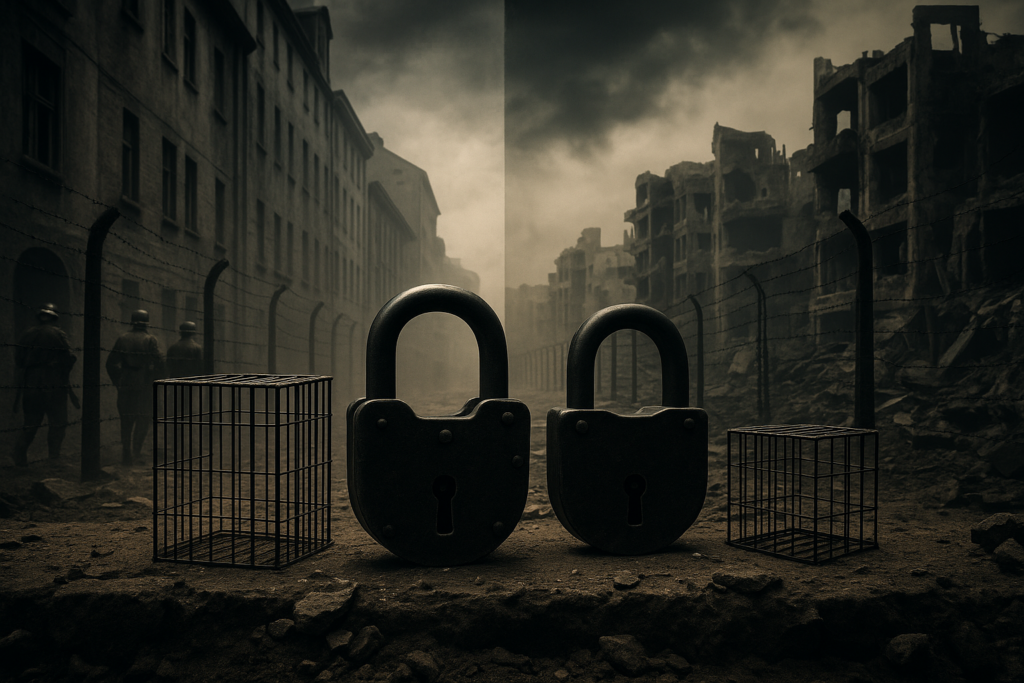 Candados gigantes en calle destruida y enjaulada.