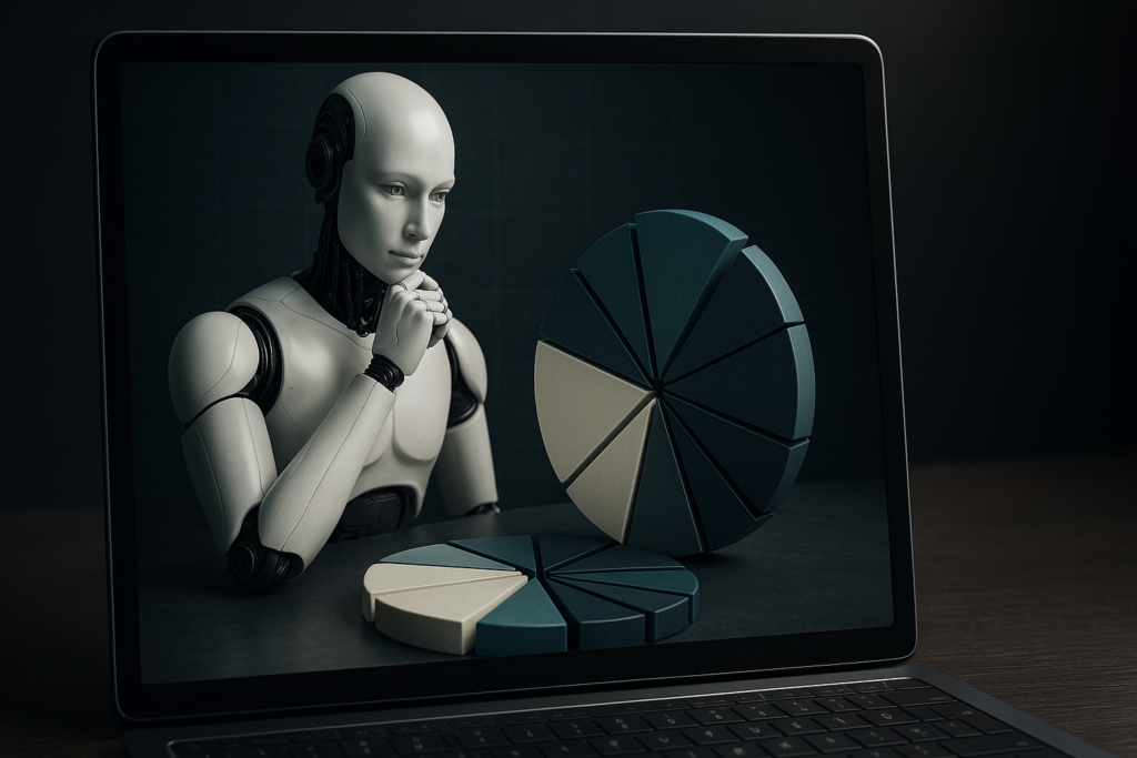 Robot analizando gráficos en una pantalla de portátil.