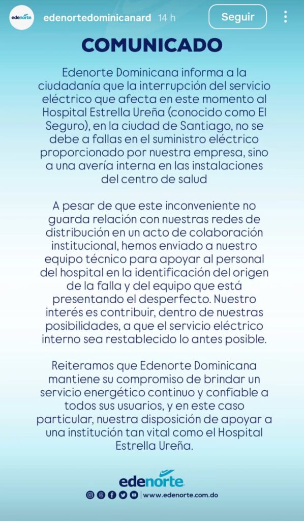 Comunicado Edenorte sobre avería eléctrica en hospital.