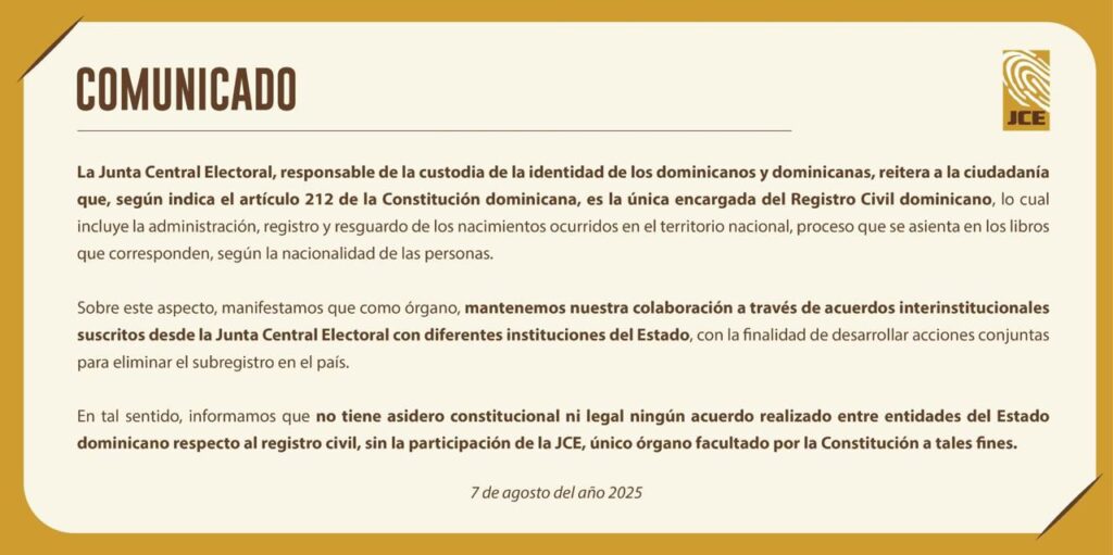Comunicado oficial de la Junta Central Electoral.