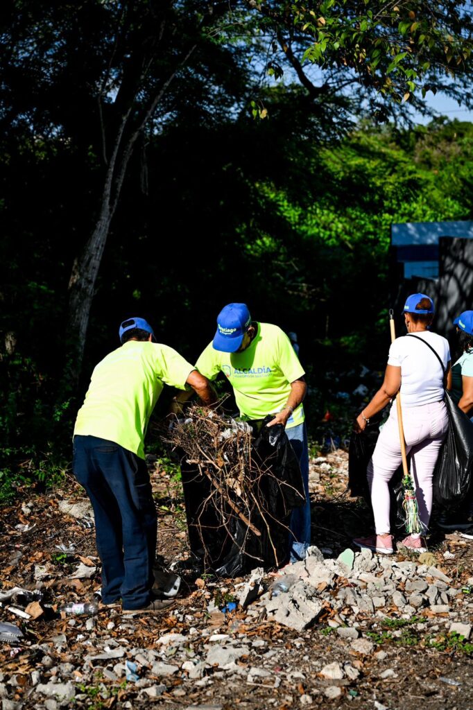 Voluntarios recogiendo basura en un parque.