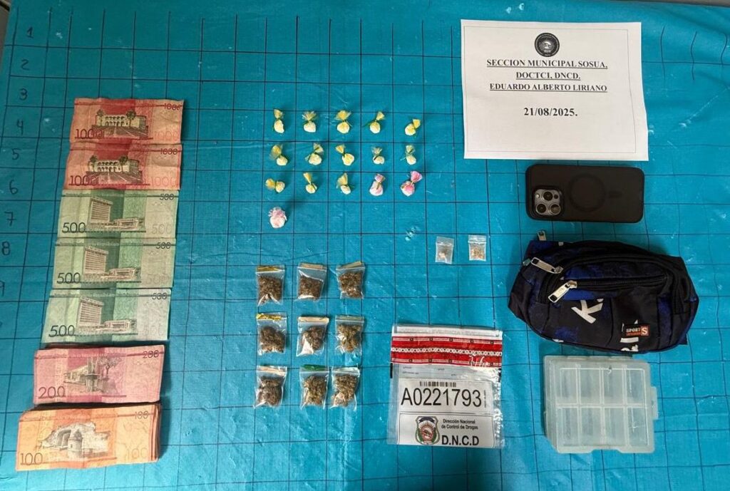 Dinero, drogas y objetos incautados por la policía.