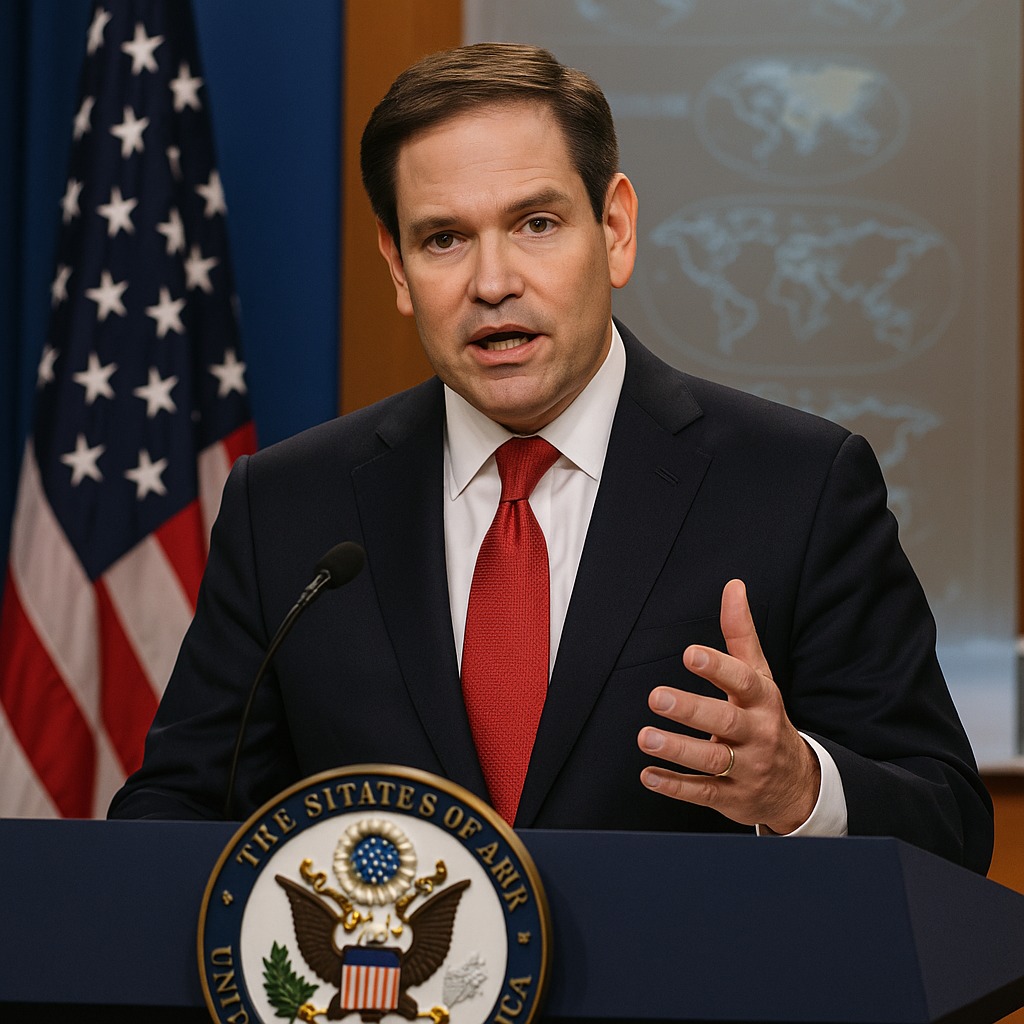 Hombre hablando en conferencia de prensa, bandera estadounidense atrás.