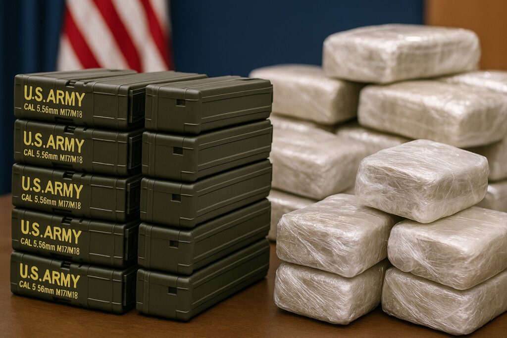 Cajas del ejército estadounidense junto a paquetes sellados.