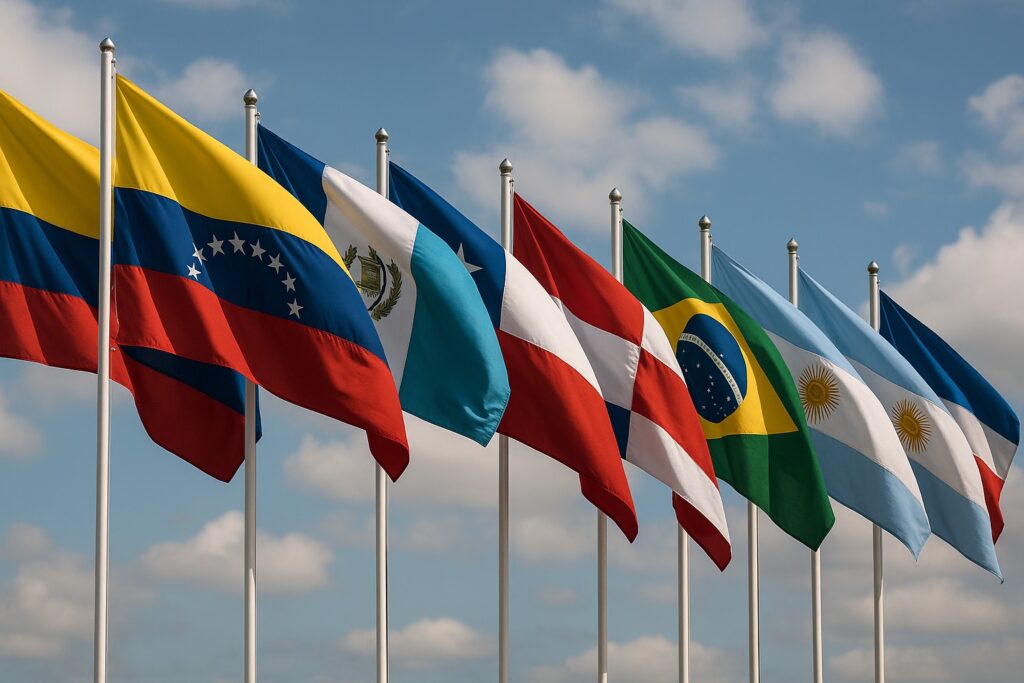 Banderas de países americanos ondeando al viento