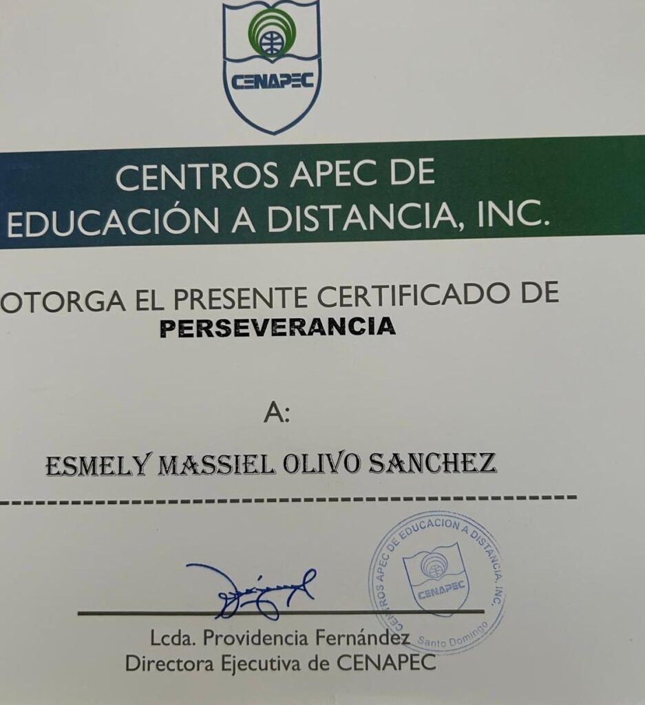 Certificado de perseverancia otorgado por CENAPEC.