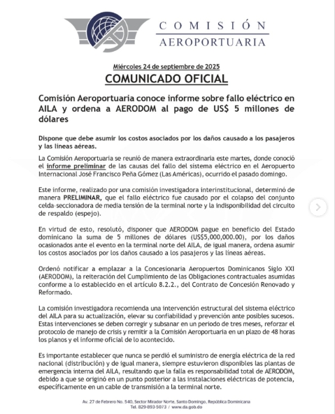 Comunicado oficial sobre fallo eléctrico y multa a AERODOM.