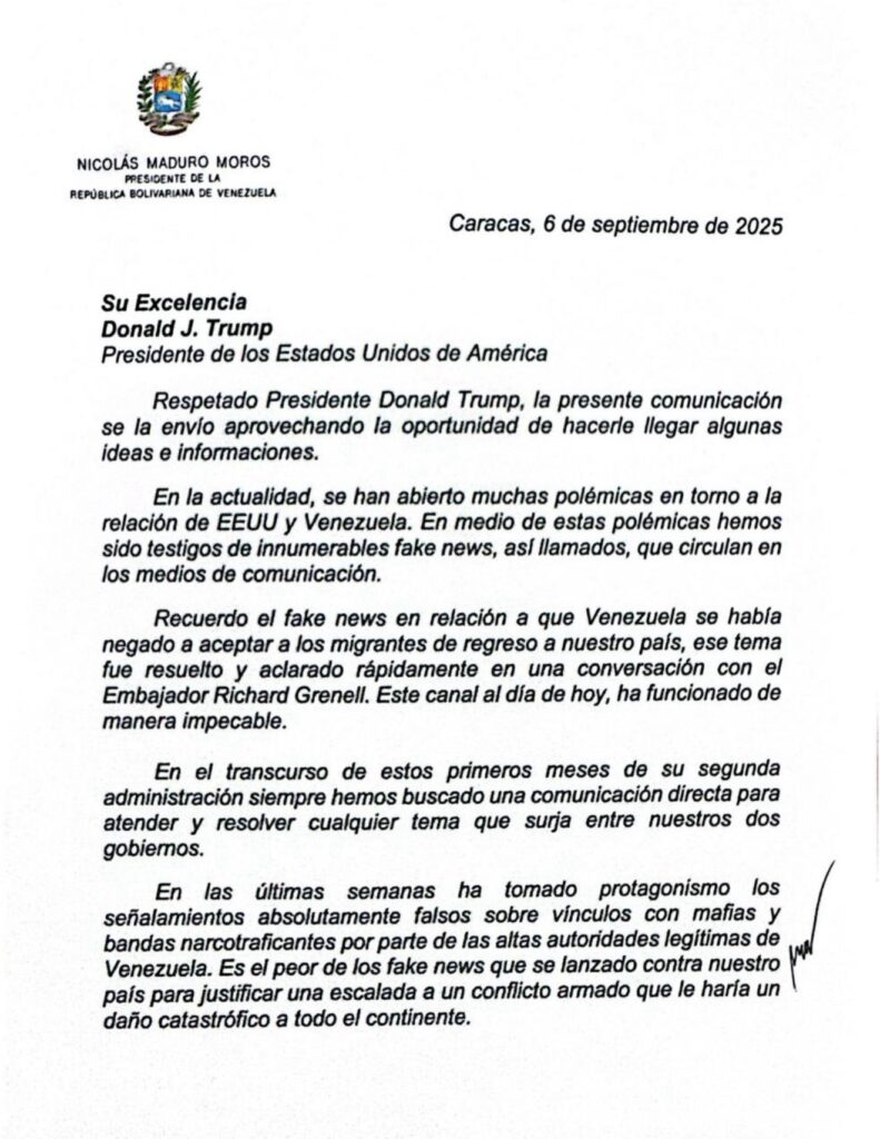 Carta de Nicolás Maduro a Donald Trump, septiembre 2025.