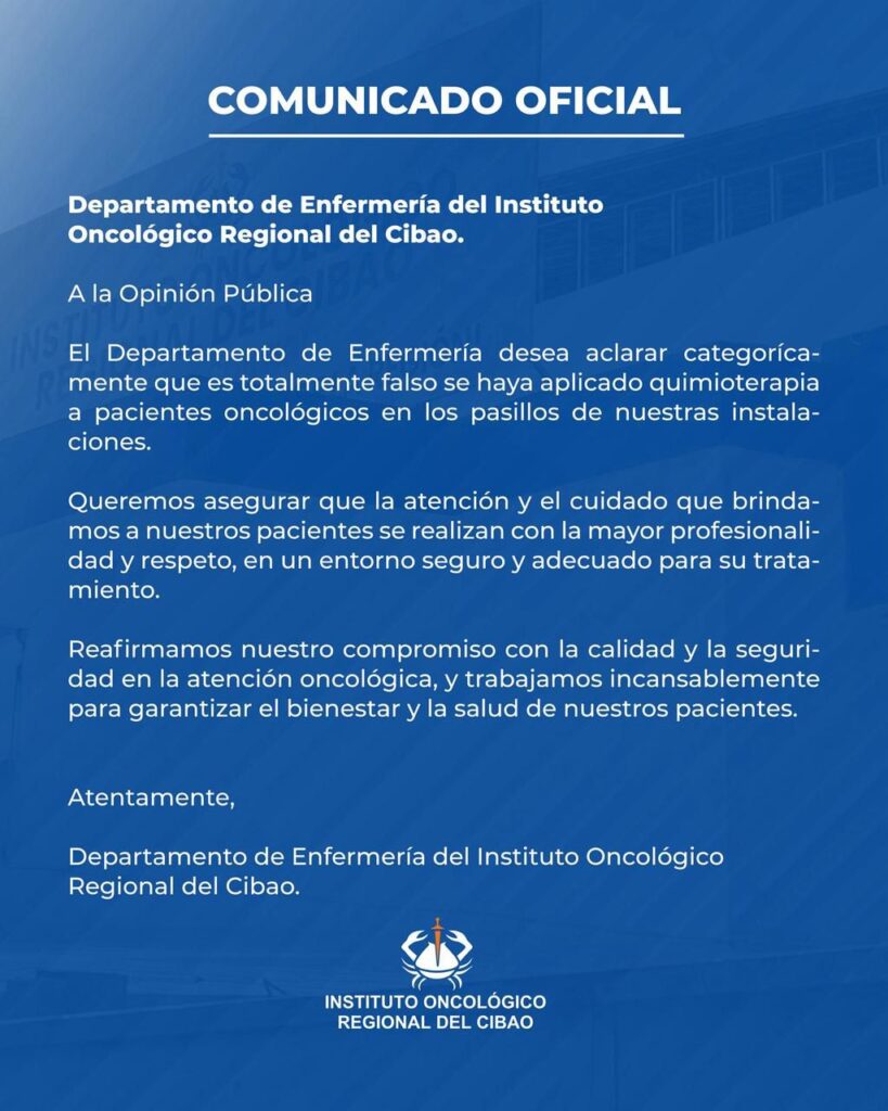 Comunicado oficial sobre tratamiento oncológico en el Instituto.