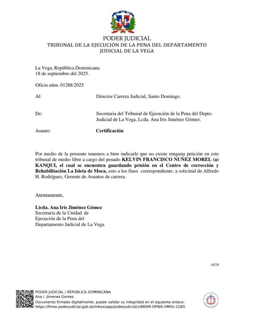 Certificación judicial sobre detención en La Vega, RD.
