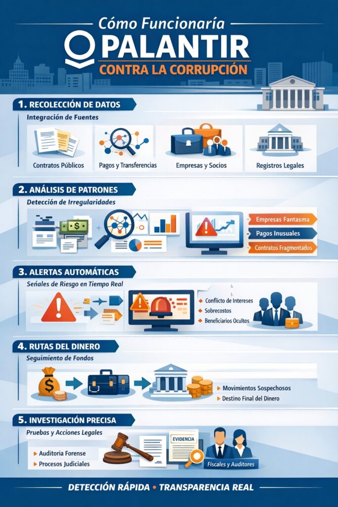 Infografía sobre Palantir y la lucha contra corrupción.