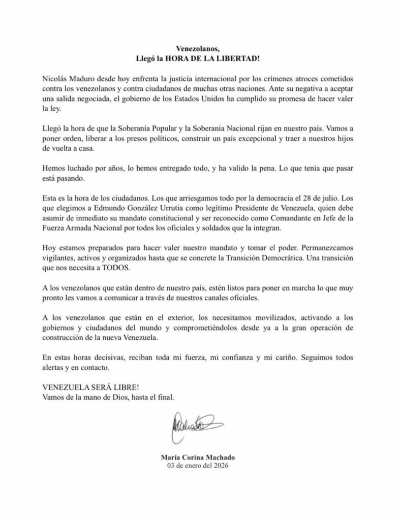 Carta sobre libertad y futuro de Venezuela.