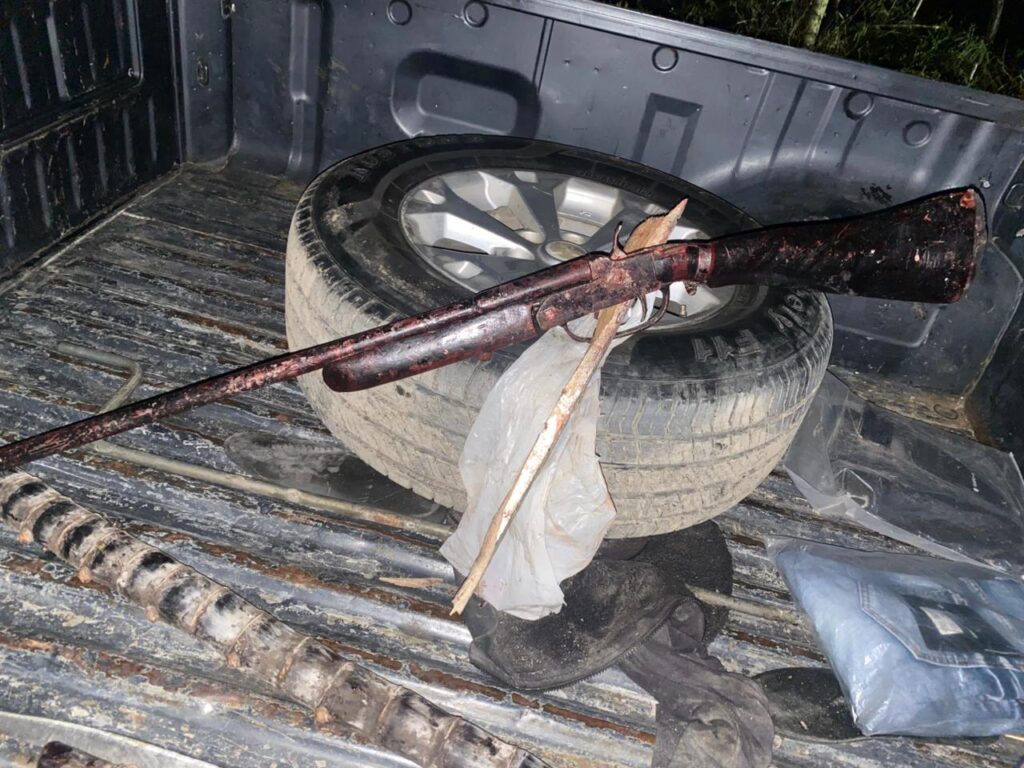 Escopeta vieja en caja de camioneta con neumático