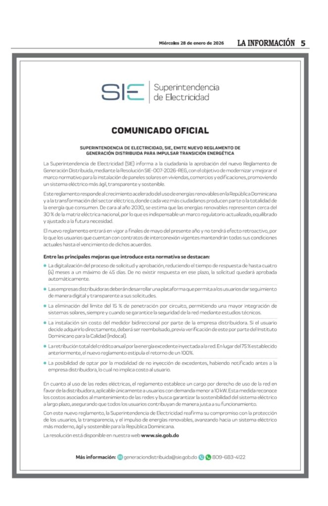Comunicado SIE sobre regulación generación distribuida en RD.