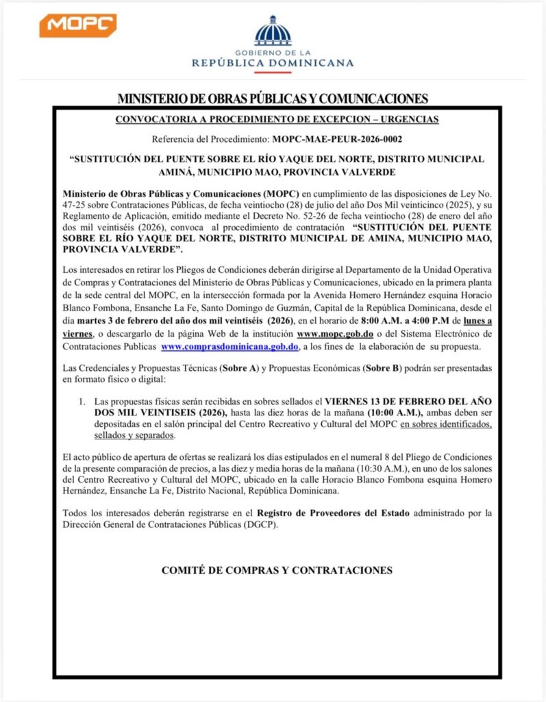 Convocatoria MOPC: Sustitución puente Río Yaque del Norte.