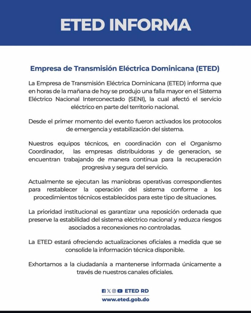 Anuncio de ETED sobre falla eléctrica nacional.