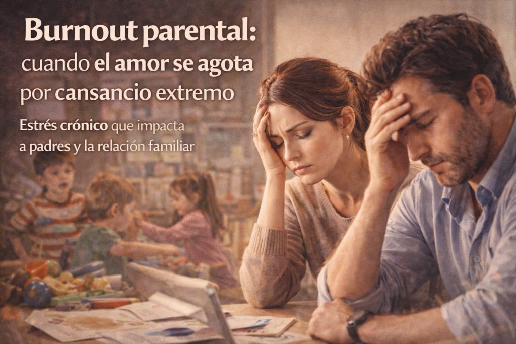 Padres agotados cuidando niños pequeños en casa.