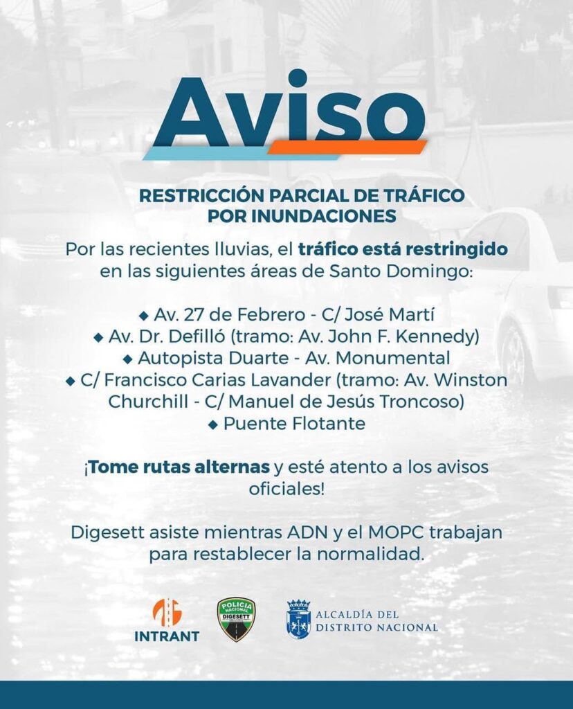 Restricciones de tráfico por inundaciones en Santo Domingo.