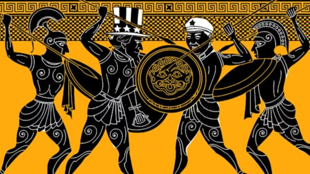 Guerreros en batalla estilo arte griego antiguo.