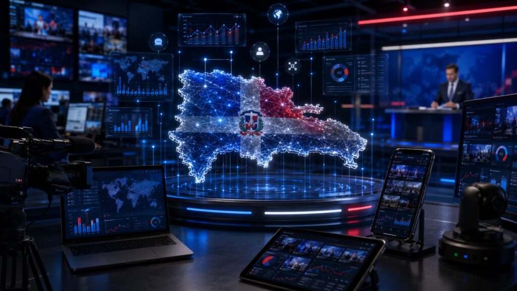 Mapa digital República Dominicana con gráficos y pantallas.